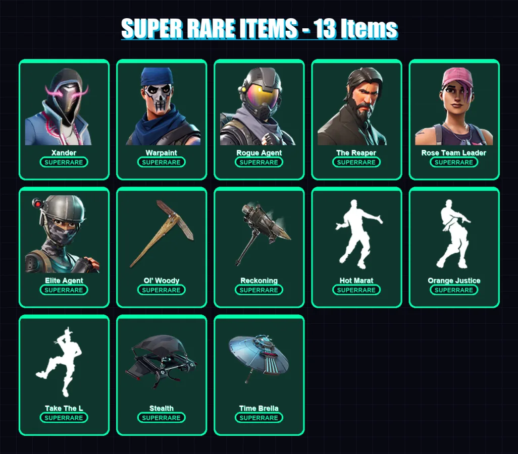 [PC/PSN] | Xander | Warpaint | Rogue Agent | The Reaper | Rose Team Leader | 59 skin | 76 pickaxe | 96 emote | 75 glider | Lv1037