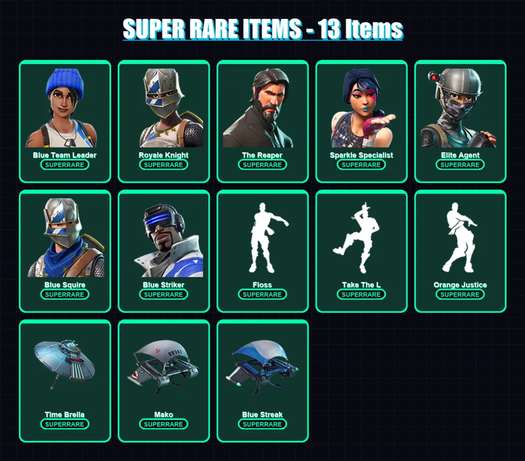 [PS4/PS5/PC] | Blue Team Leader | Royale Knight | The Reaper | Sparkle Specialist | Elite Agent | 33 skin | 31 pickaxe | 52 emote | 50 glider | Lv83