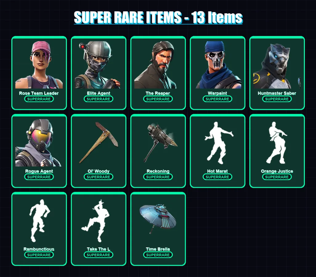 [PC/XBOX/PSN] | Rose Team Leader | Elite Agent | The Reaper | Warpaint | Huntmaster Saber | 108 skin | 101 pickaxe | 99 emote | 90 glider | Lv1187