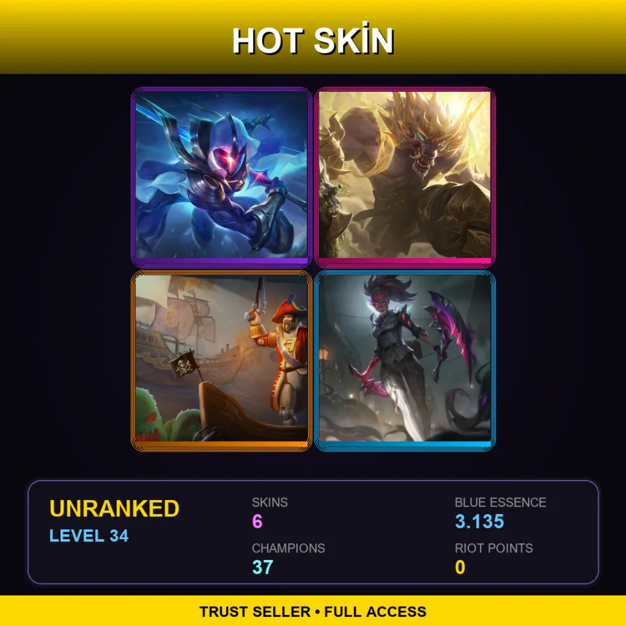 LAS | Cosmic Blade Master Yi | Lunar Guardian Warwick | Toy Soldier Gangplank | Crime City Nightmare Akali | 6 Skin | 37 Champ | Lv34