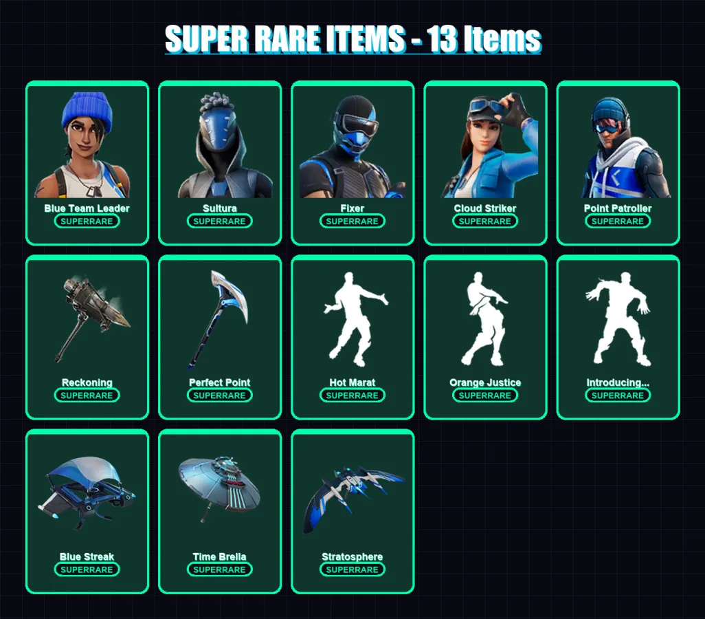 [PS4/PS5/XBOX/PC] | Blue Team Leader | Sultura | Fixer | Cloud Striker | Point Patroller | 38 skin | 54 pickaxe | 54 emote | 48 glider | Lv722