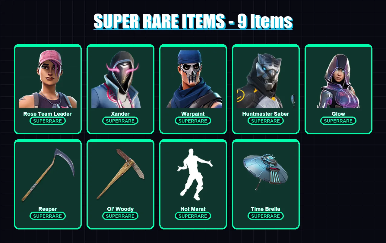 [PC] | Rose Team Leader | Xander | Warpaint | Huntmaster Saber | Glow | 242 skin | 300 pickaxe | 256 emote | 228 glider | Lv3097