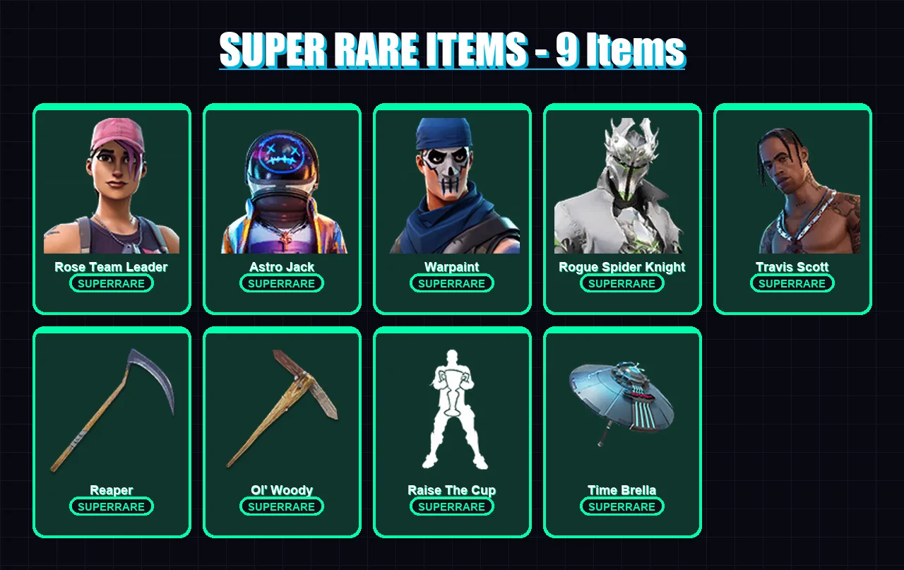 [PC/PSN] | Rose Team Leader | Astro Jack | Warpaint | Rogue Spider Knight | Travis Scott | 95 skin | 103 pickaxe | 111 emote | 93 glider | Lv1451