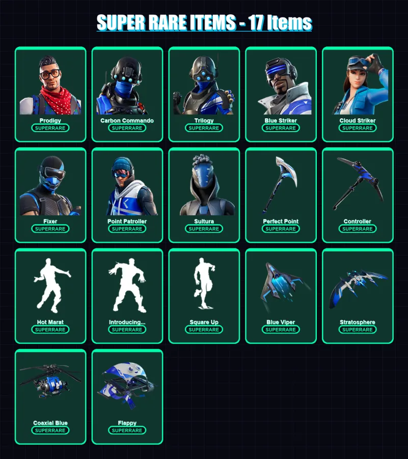 [PC/XBOX] | Prodigy | Carbon Commando | Trilogy | Blue Striker | Cloud Striker | 112 skin | 86 pickaxe | 104 emote | 88 glider | Lv1327 — Game account