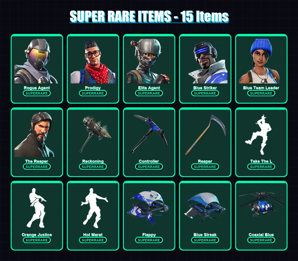 [PS4/PS5/XBOX/PC] | Rogue Agent | Prodigy | Elite Agent | Blue Striker | Blue Team Leader | 95 skin | 84 pickaxe | 87 emote | 84 glider | Lv1302