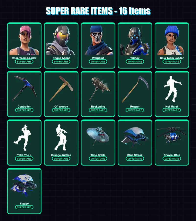 [PC] | Rose Team Leader | Rogue Agent | Warpaint | Trilogy | Blue Team Leader | 95 skin | 122 pickaxe | 112 emote | 114 glider | Lv1522