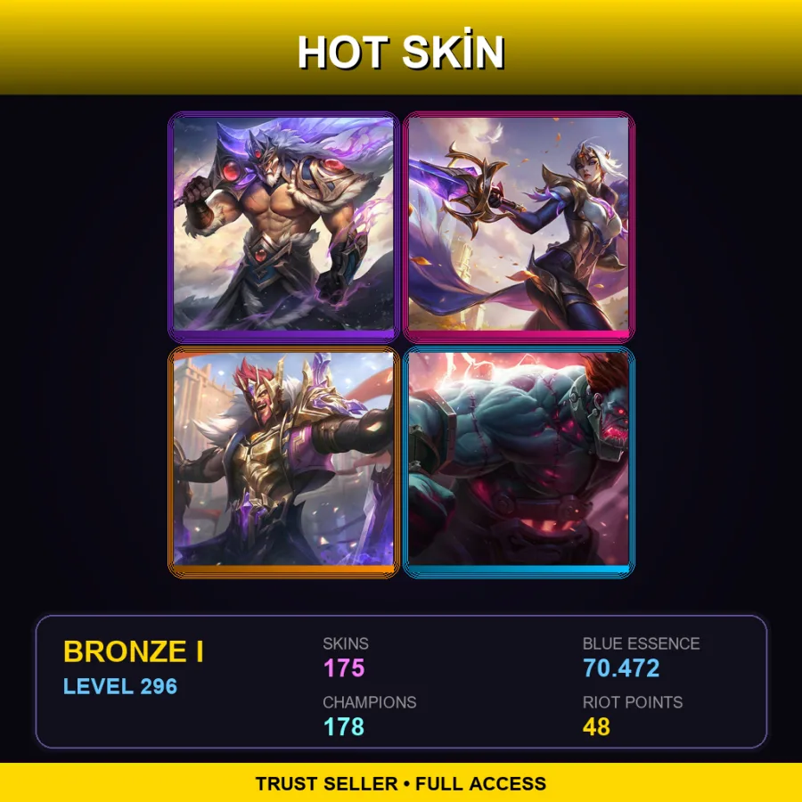 EUW | Victorious Tryndamere | Victorious Fiora | Victorious Draven | Hextech Sion | 175 Skin | 178 Champ | Bronze I | Lv296