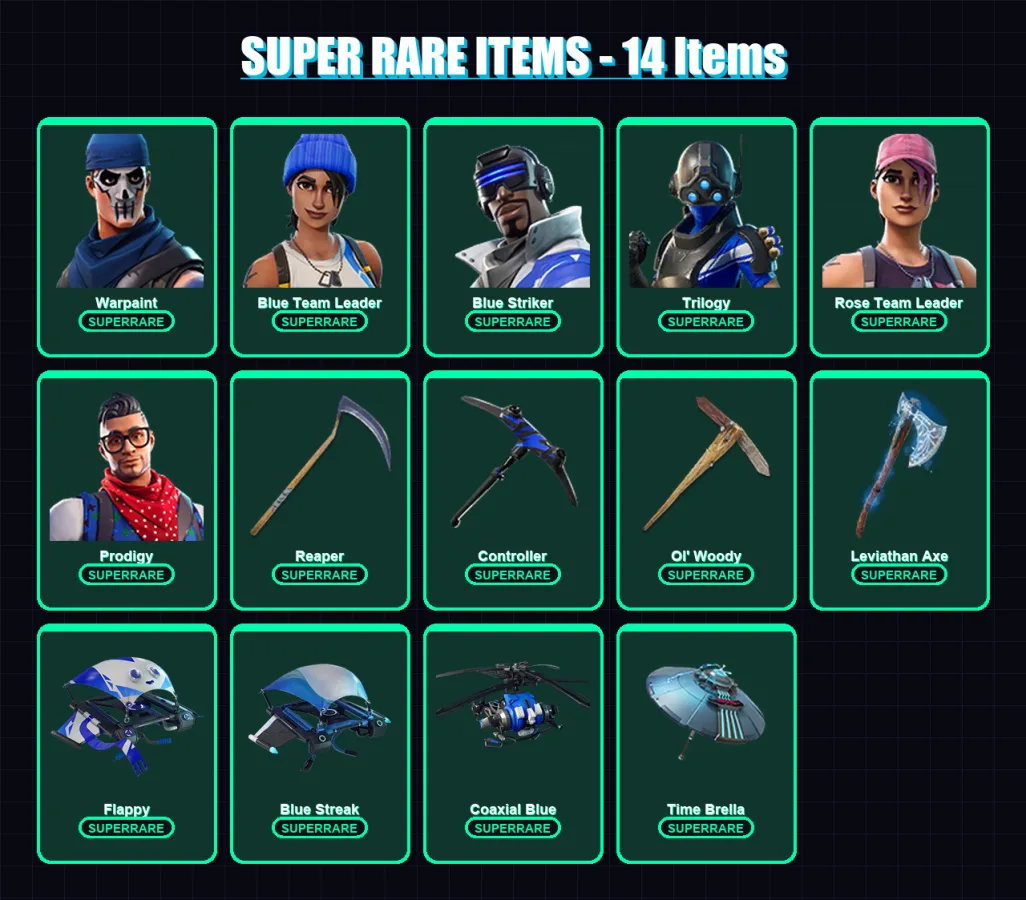 [PS4/PS5/XBOX/PC] | Warpaint | Blue Team Leader | Blue Striker | Trilogy | Rose Team Leader | 116 skin | 144 pickaxe | 103 emote | 137 glider | Lv14