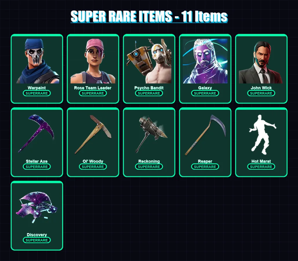 [PC] | Warpaint | Rose Team Leader | Psycho Bandit | Galaxy | John Wick | 180 skin | 210 pickaxe | 412 emote | 108 glider | Lv963