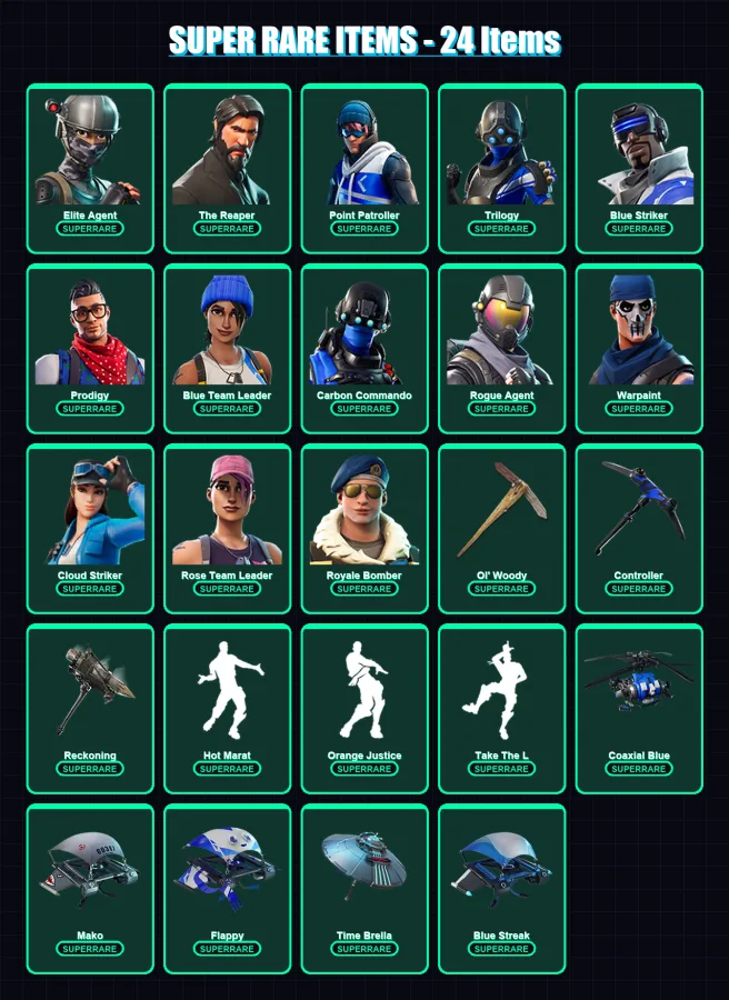 [PS4/PS5/XBOX/PC] | Elite Agent | The Reaper | Point Patroller | Trilogy | Blue Striker | 136 skin | 118 pickaxe | 130 emote | 131 glider | Lv1656