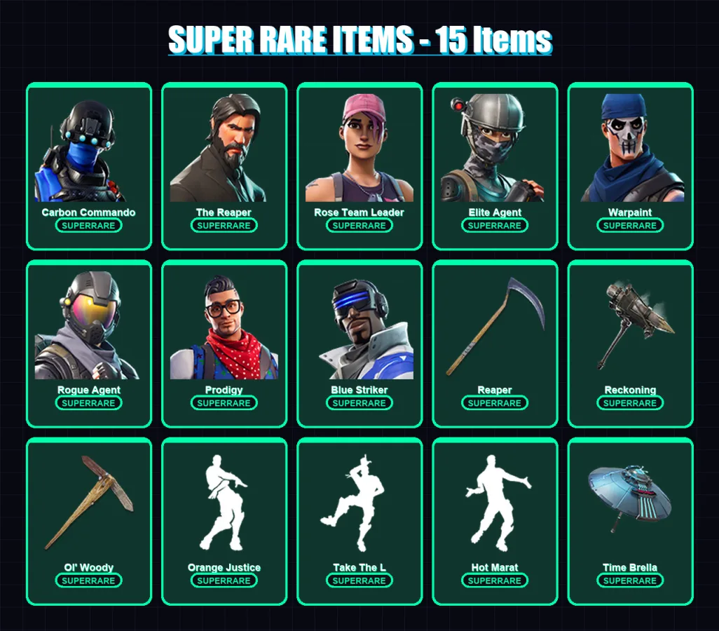 [PS4/PS5/XBOX/PC] | Carbon Commando | The Reaper | Rose Team Leader | Elite Agent | Warpaint | 84 skin | 78 pickaxe | 68 emote | 72 glider | Lv1059