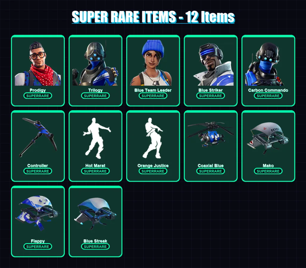 [PC/XBOX] | Prodigy | Trilogy | Blue Team Leader | Blue Striker | Carbon Commando | 7 skin | 23 pickaxe | 28 emote | 38 glider | Lv603