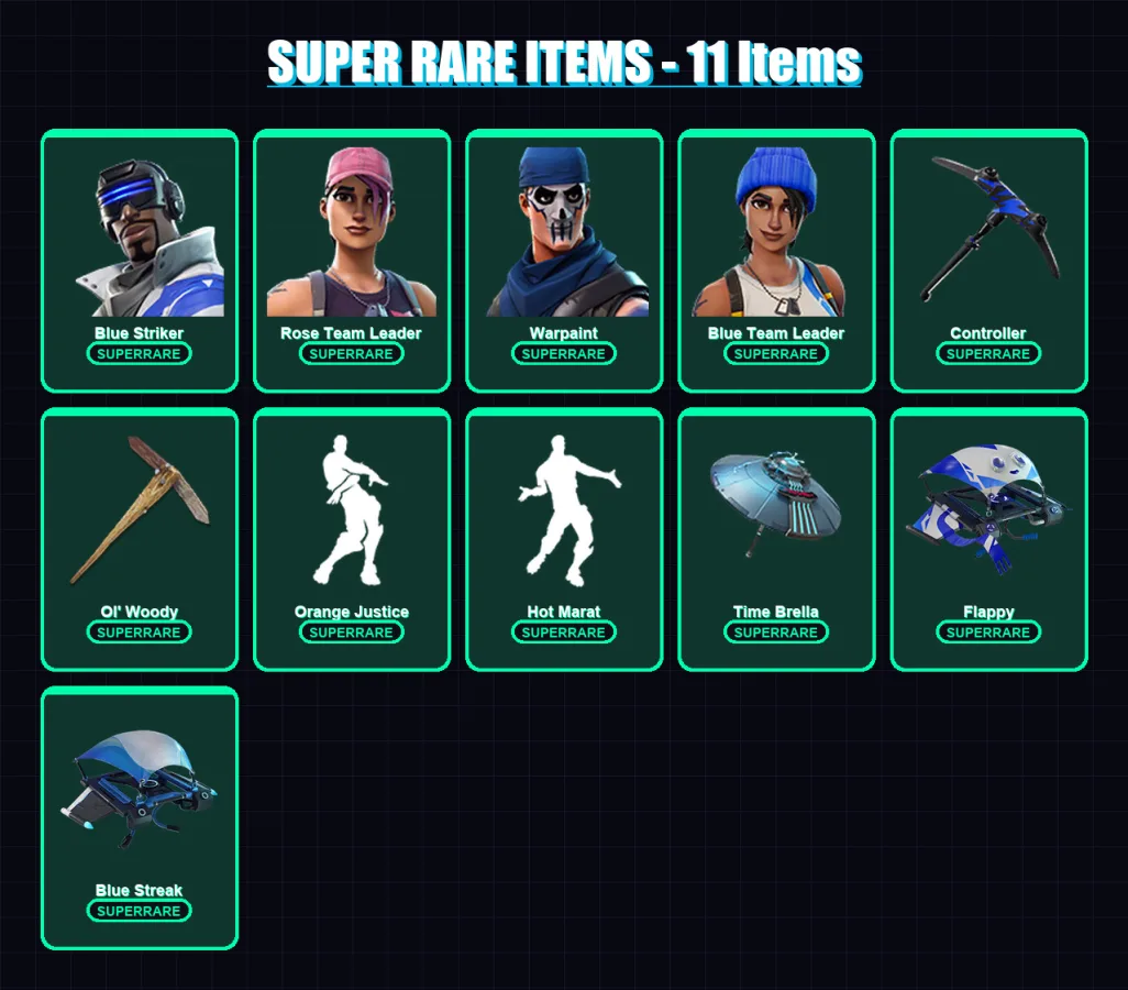 [PC] | Blue Striker | Rose Team Leader | Warpaint | Blue Team Leader | Spectra Knight | 24 skin | 25 pickaxe | 27 emote | 27 glider | Lv335