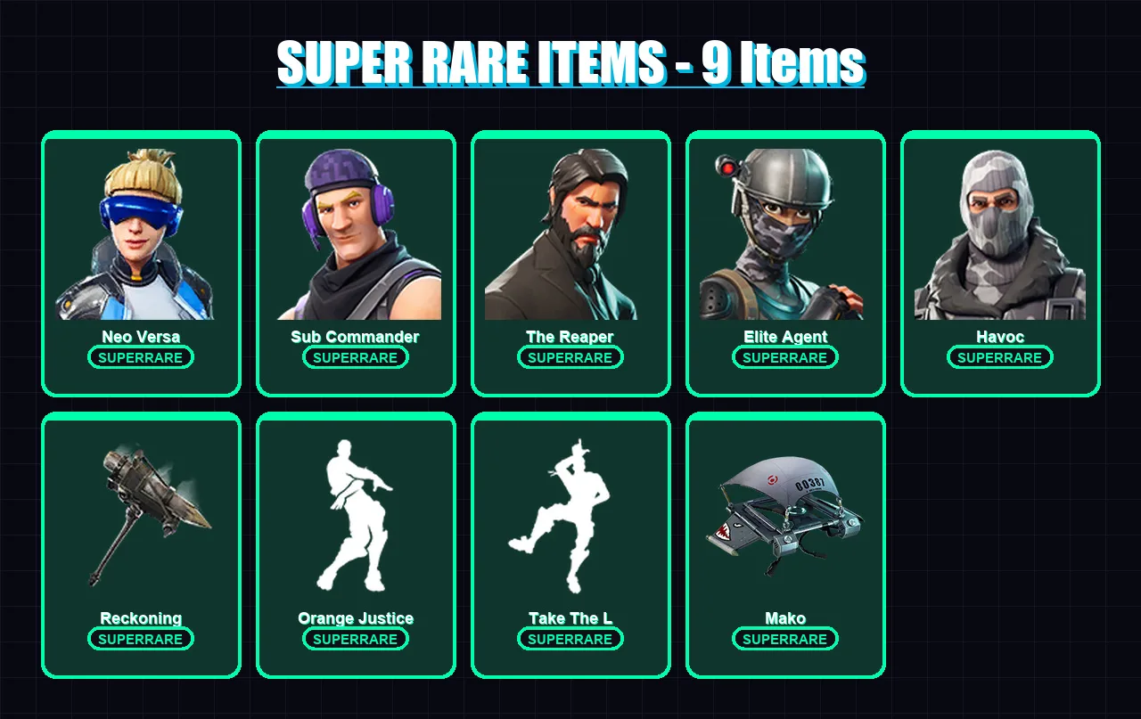 [PS4/PS5/XBOX/PC] | Neo Versa | Sub Commander | The Reaper | Elite Agent | Havoc | 63 skin | 50 pickaxe | 45 emote | 58 glider | Lv762
