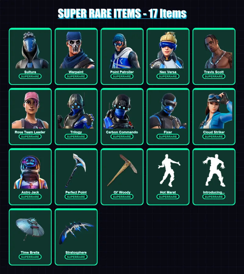 [PC/XBOX] | Sultura | Warpaint | Point Patroller | Neo Versa | Travis Scott | 110 skin | 115 pickaxe | 89 emote | 106 glider | Lv1447
