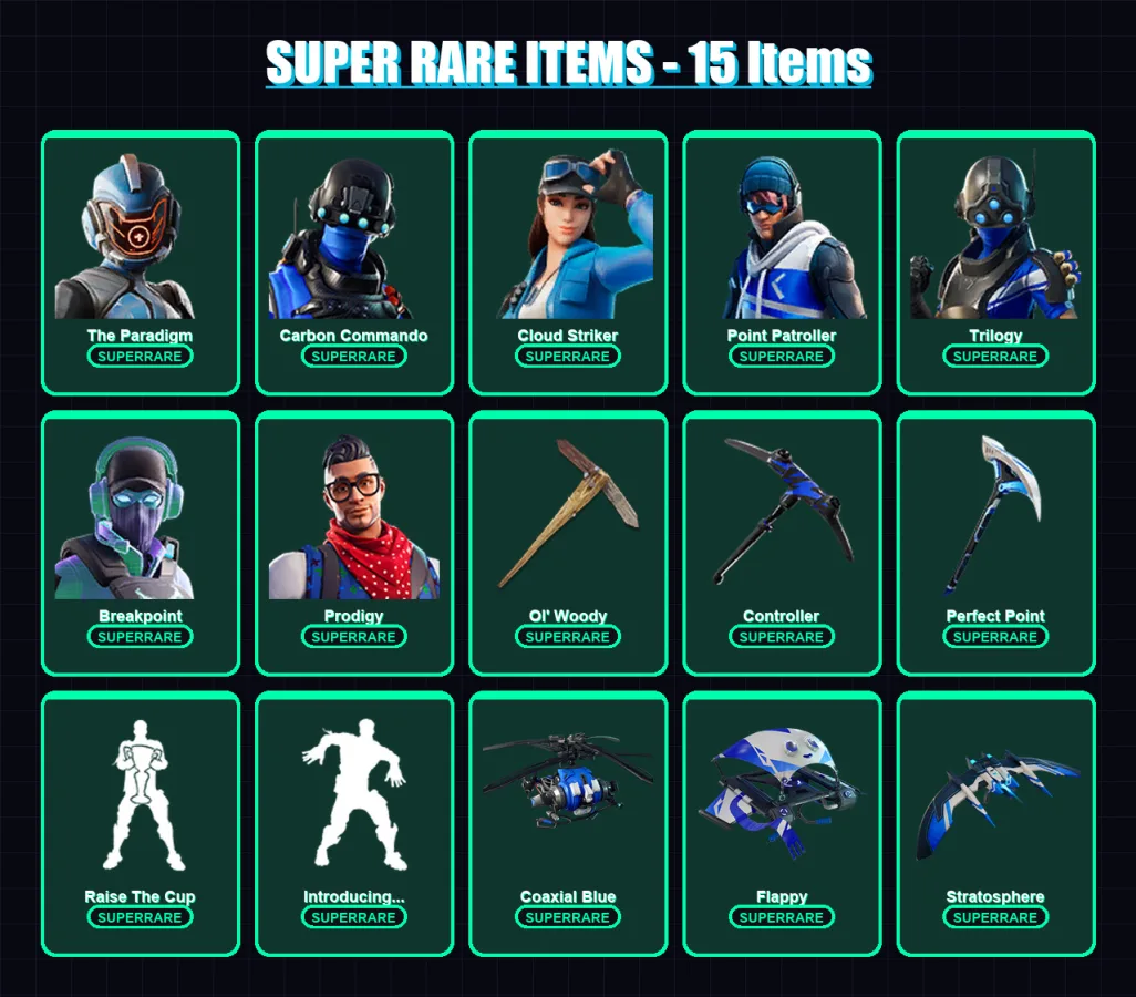 [PC/XBOX] | The Paradigm | Carbon Commando | Cloud Striker | Point Patroller | Trilogy | 119 skin | 146 pickaxe | 107 emote | 124 glider | Lv1841
