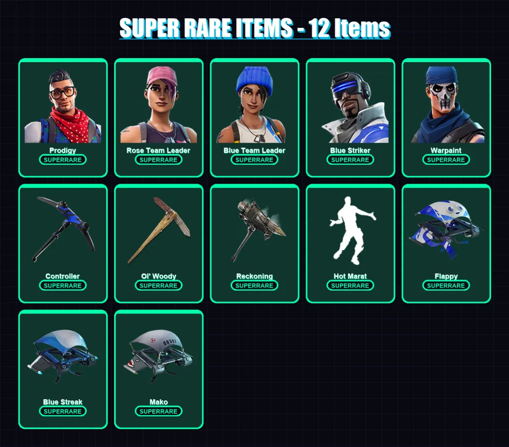 [PC] | Prodigy | Rose Team Leader | Blue Team Leader | Blue Striker | Warpaint | 24 skin | 19 pickaxe | 25 emote | 30 glider | Lv361