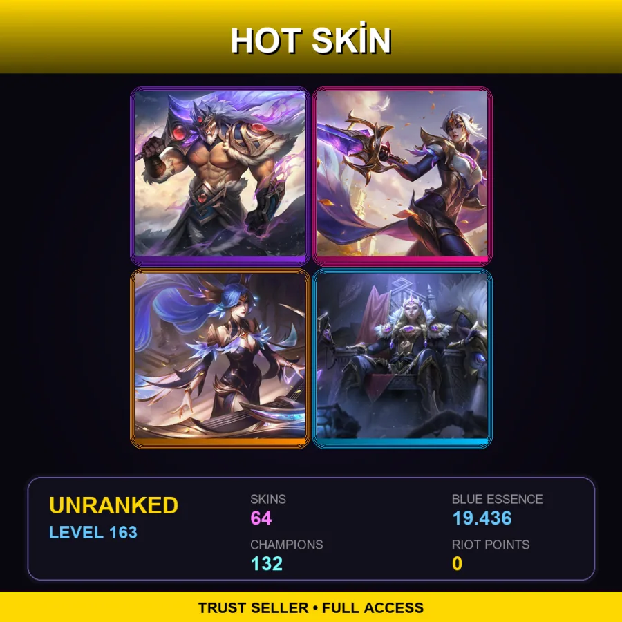EUW | Lv163 | Unranked | 64 Skin | 132 Champ — LoL account