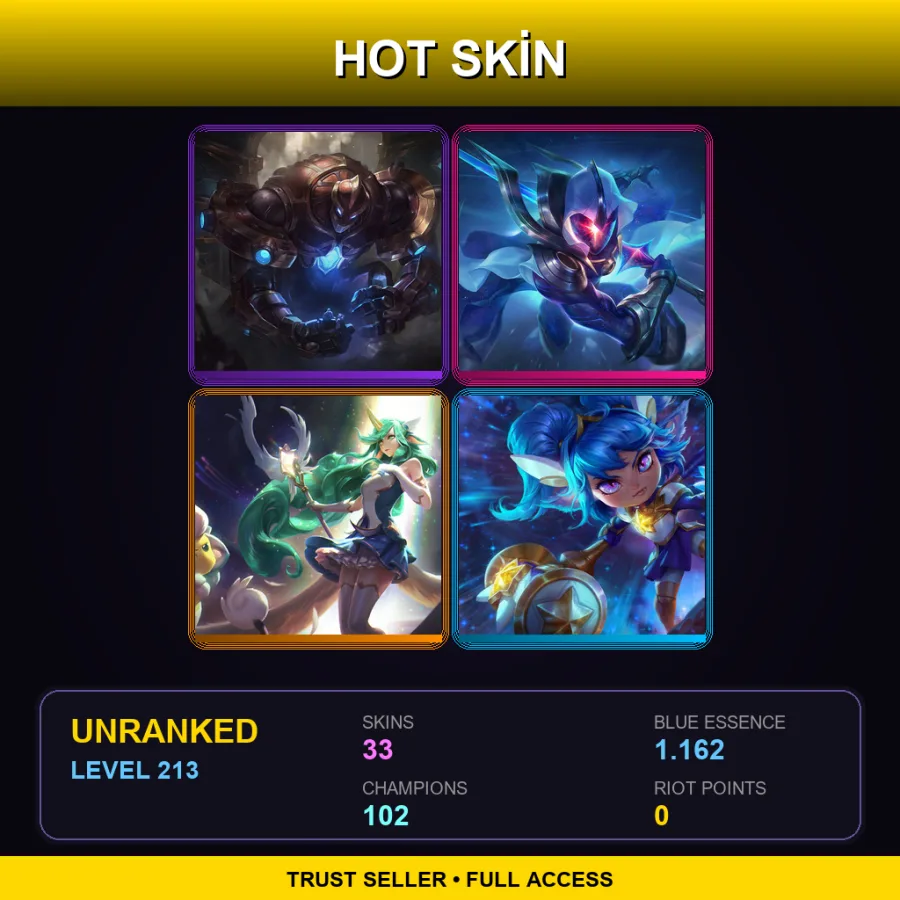 LAS | Lv213 | Unranked | 33 Skin | 102 Champ — LoL account