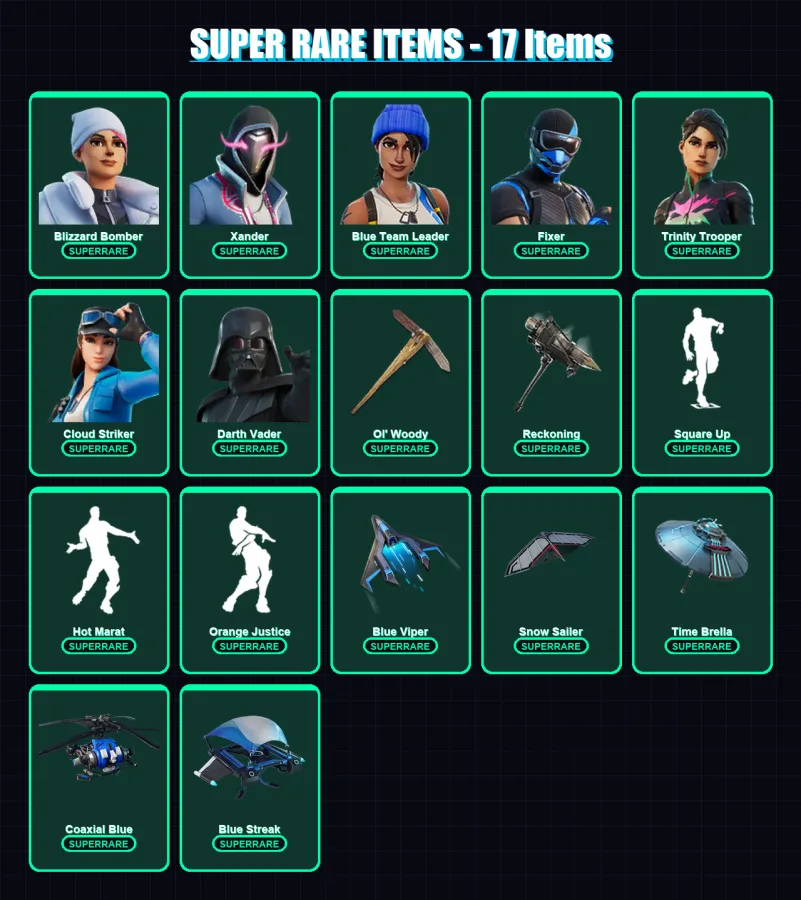 [PC/XBOX] | Blizzard Bomber | Xander | Blue Team Leader | Fixer | Trinity Trooper | 283 skin | 298 pickaxe | 210 emote | 210 glider | Lv2954