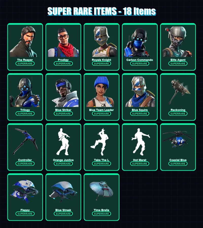 [PS4/PS5/XBOX/PC] | The Reaper | Prodigy | Royale Knight | Carbon Commando | Elite Agent | 120 skin | 120 pickaxe | 127 emote | 128 glider | Lv1709