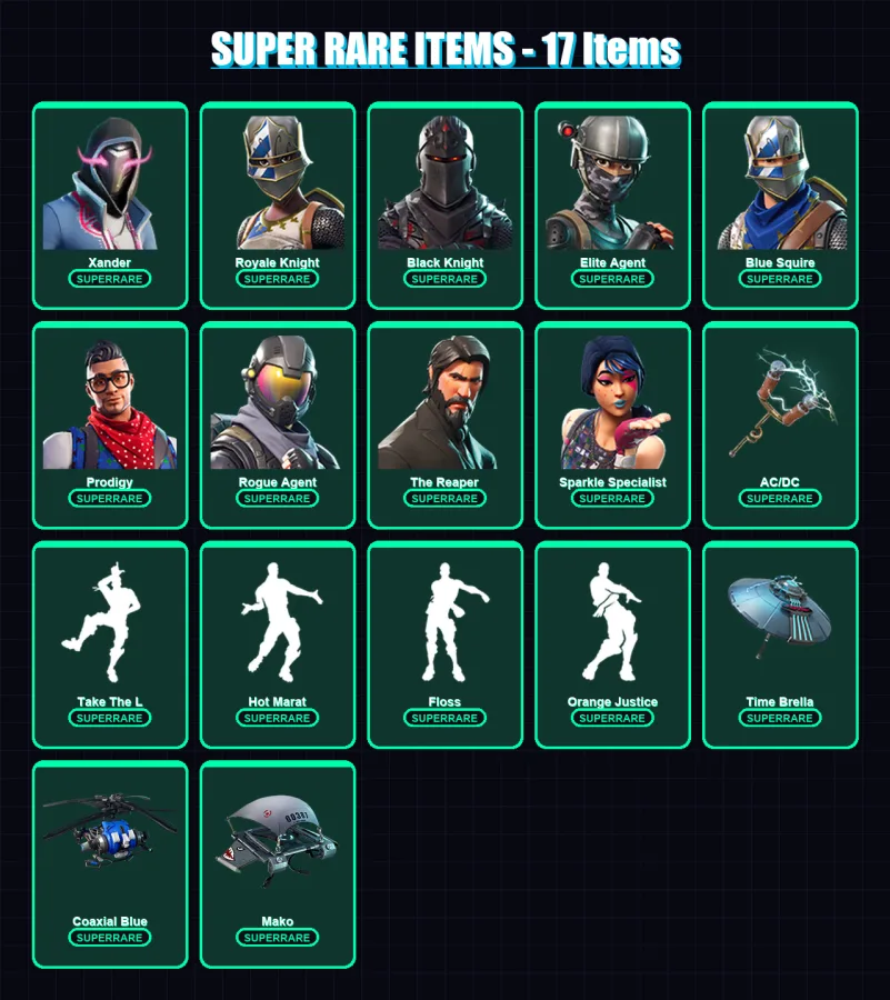 [PC/XBOX/PSN] | Xander | Royale Knight | Black Knight | Elite Agent | Blue Squire | 58 skin | 78 pickaxe | 113 emote | 101 glider | Lv1485