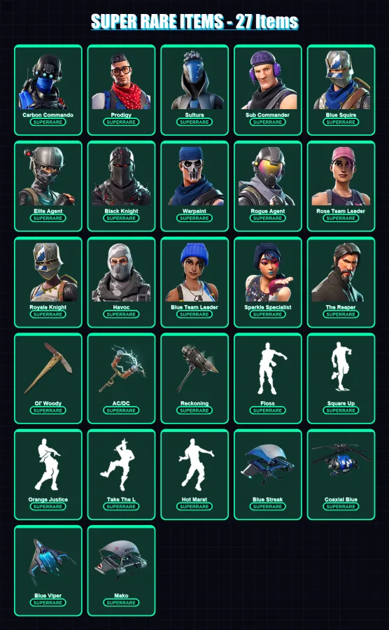 [PS4/PS5/XBOX/PC] | Carbon Commando | Prodigy | Sultura | Sub Commander | Blue Squire | 69 skin | 54 pickaxe | 70 emote | 59 glider | Lv710