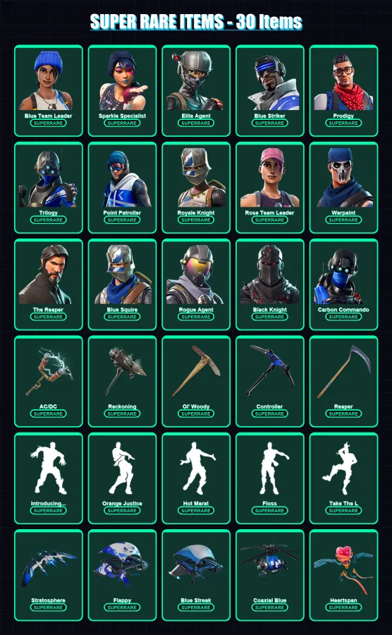 [PC] | Blue Team Leader | Sparkle Specialist | Elite Agent | Blue Striker | Prodigy | 63 skin | 56 pickaxe | 54 emote | 66 glider | Lv788