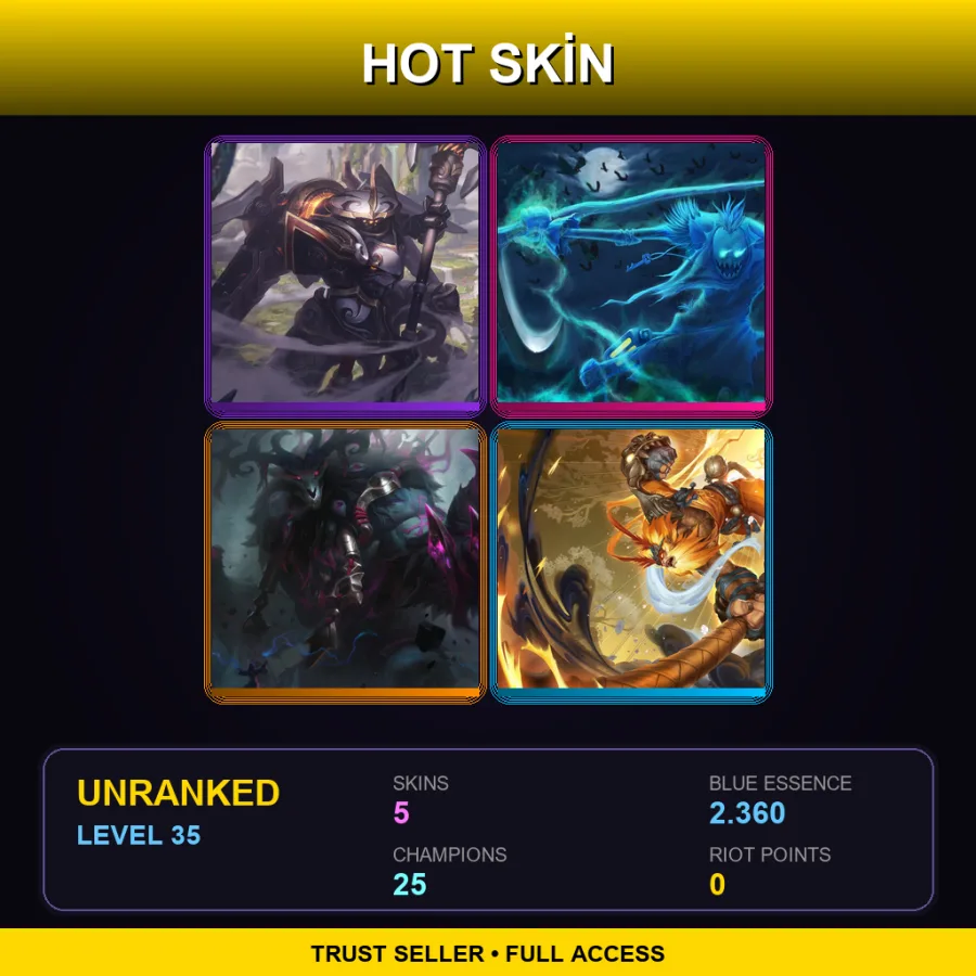 LAS | Mecha Kingdoms Jax | Spectral Fiddlesticks | The Thousand-Pierced Bear | Radiant Wukong | 5 Skin | 25 Champ | Lv35