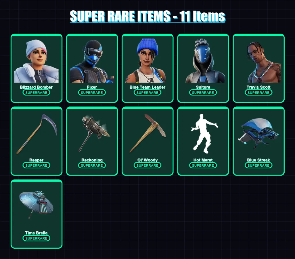 [PS4/PS5/XBOX/PC] | Blizzard Bomber | Fixer | Blue Team Leader | Sultura | Travis Scott | 111 skin | 125 pickaxe | 106 emote | 111 glider | Lv1981