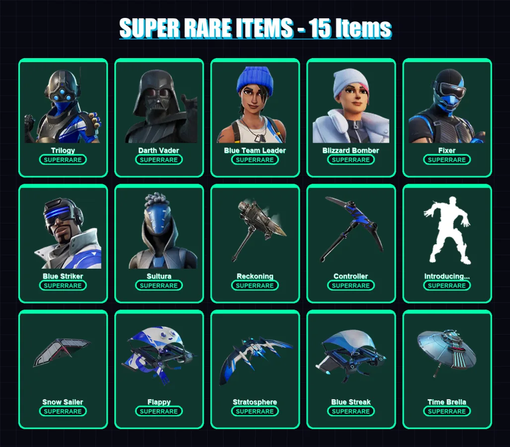 [PS4/PS5/PC] | Trilogy | Darth Vader | Blue Team Leader | Blizzard Bomber | Fixer | 129 skin | 164 pickaxe | 155 emote | 138 glider | Lv1534