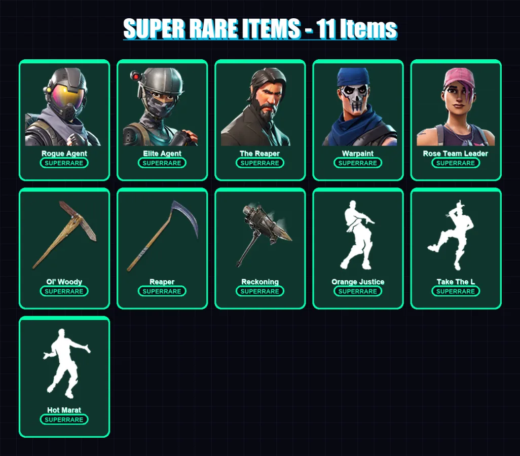 [PC/PSN] | Rogue Agent | Elite Agent | The Reaper | Warpaint | Rose Team Leader | 62 skin | 93 pickaxe | 85 emote | 82 glider | Lv1156