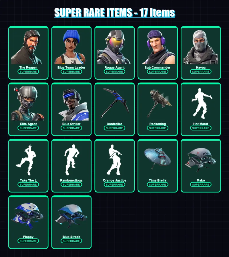 [PS4/PS5/XBOX/PC] | The Reaper | Blue Team Leader | Rogue Agent | Sub Commander | Havoc | 114 skin | 94 pickaxe | 116 emote | 108 glider | Lv1593