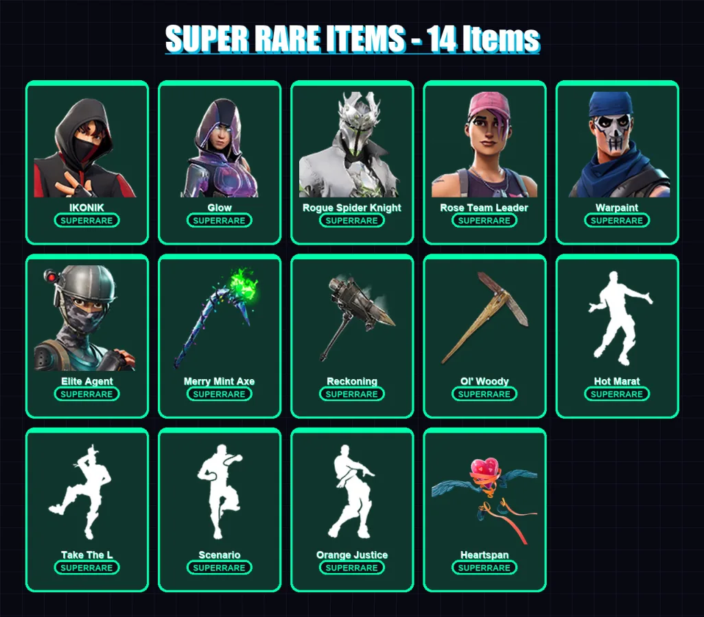 [PC/XBOX/PSN] | IKONIK | Glow | Rogue Spider Knight | Rose Team Leader | Warpaint | 130 skin | 93 pickaxe | 119 emote | 100 glider | Lv1261