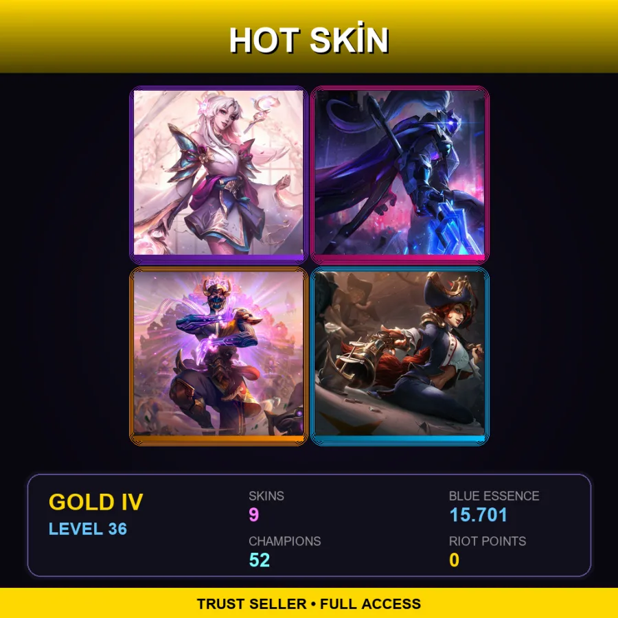 EUW | Lv36 | Gold IV | 9 Skin | 52 Champ — LoL account