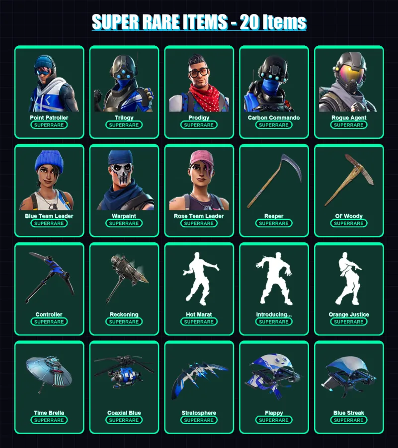 [PC/XBOX] | Point Patroller | Trilogy | Prodigy | Carbon Commando | Rogue Agent | 100 skin | 92 pickaxe | 104 emote | 85 glider | Lv988