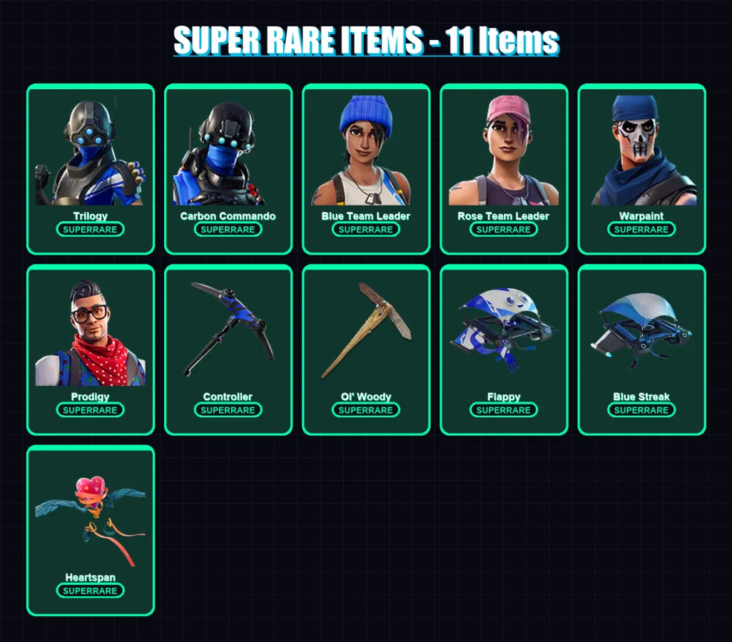 [PC] | Trilogy | Carbon Commando | Blue Team Leader | Rose Team Leader | Warpaint | 80 skin | 75 pickaxe | 78 emote | 80 glider | Lv778