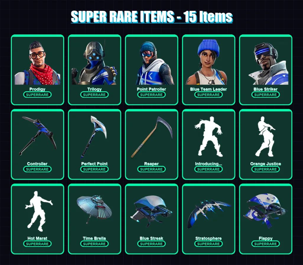[PS4/PS5/XBOX/PC] | Prodigy | Trilogy | Point Patroller | Blue Team Leader | Blue Striker | 87 skin | 107 pickaxe | 89 emote | 106 glider | Lv1720 — Fortnite account