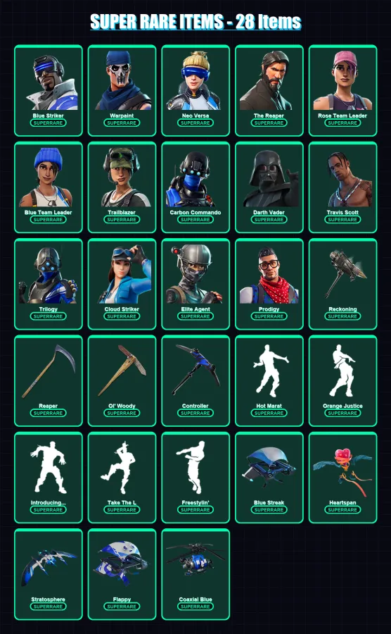 [PC/XBOX/PSN] | Blue Striker | Warpaint | Neo Versa | The Reaper | Rose Team Leader | 171 skin | 135 pickaxe | 136 emote | 126 glider | Lv1966