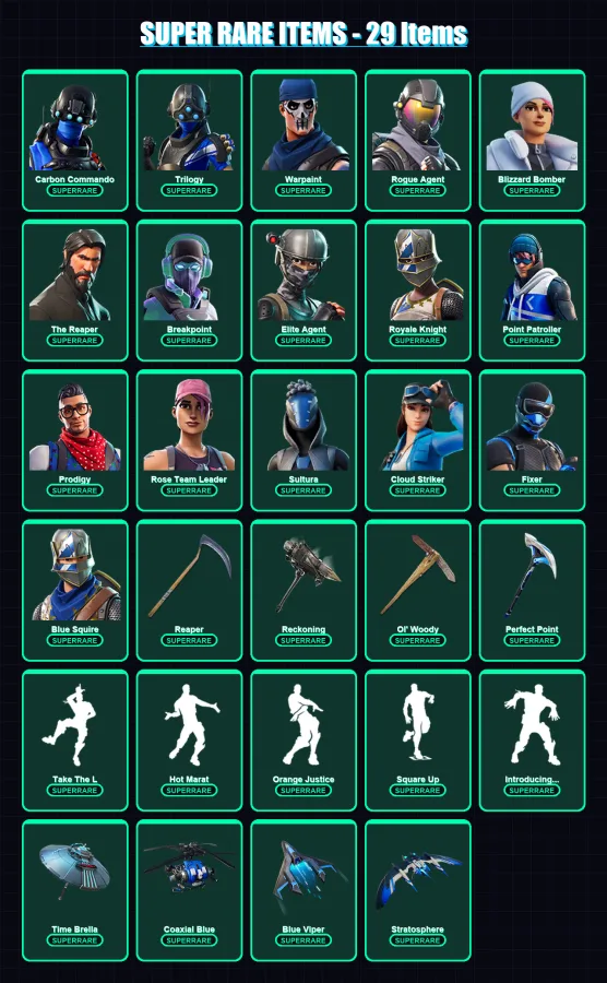 [PS4/PS5/PC] | Carbon Commando | Trilogy | Warpaint | Rogue Agent | Blizzard Bomber | 384 skin | 254 pickaxe | 266 emote | 147 glider | Lv1619