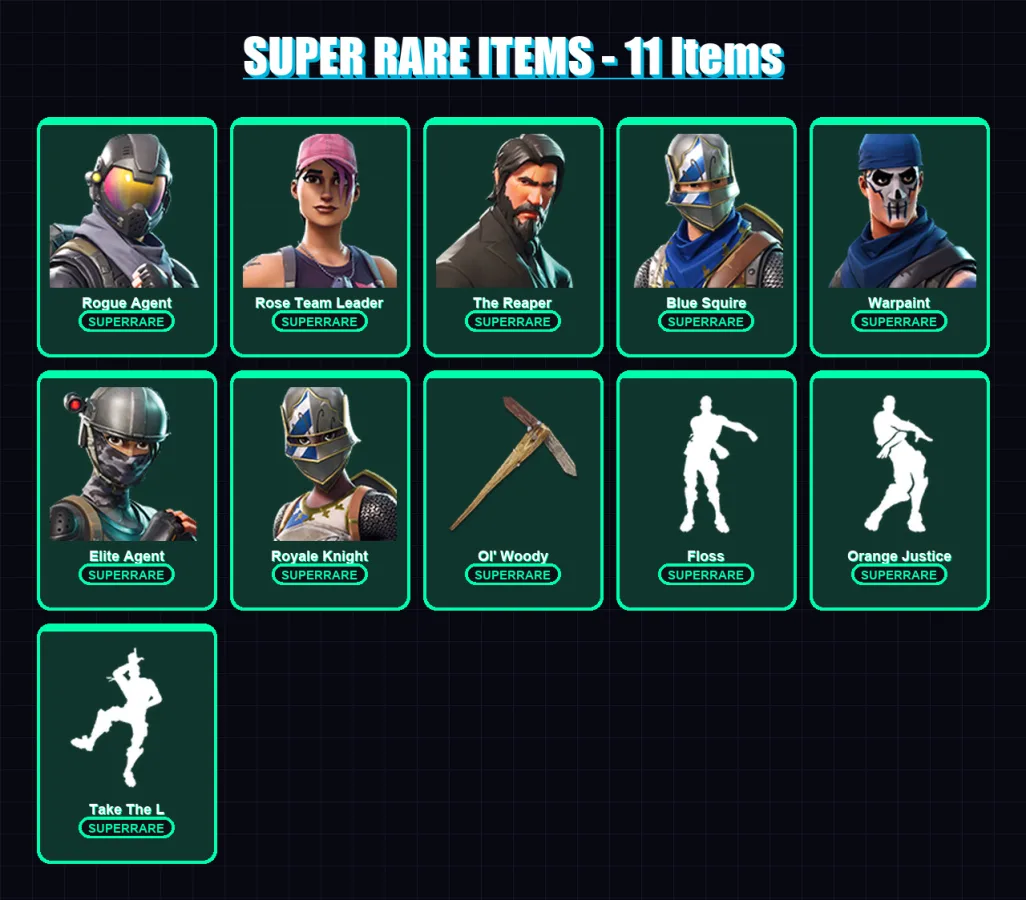 [PS4/PS5/XBOX/PC] | Rogue Agent | Rose Team Leader | The Reaper | Blue Squire | Warpaint | 20 skin | 18 pickaxe | 28 emote | 27 glider | Lv406