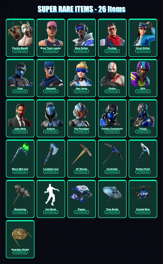 [PS4/PS5/PC] | Psycho Bandit | Rose Team Leader | Blue Striker | Prodigy | Cloud Striker | 335 skin | 242 pickaxe | 176 emote | 164 glider | Lv1828