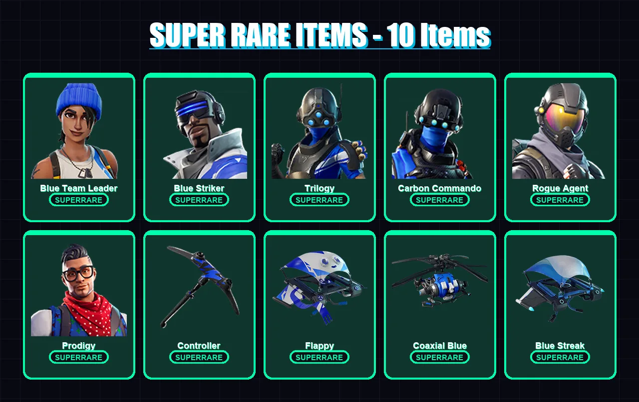 [PS4/PS5/XBOX/PC] | Blue Team Leader | Blue Striker | Trilogy | Carbon Commando | Rogue Agent | 9 skin | 5 pickaxe | 2 emote | 7 glider | Lv60