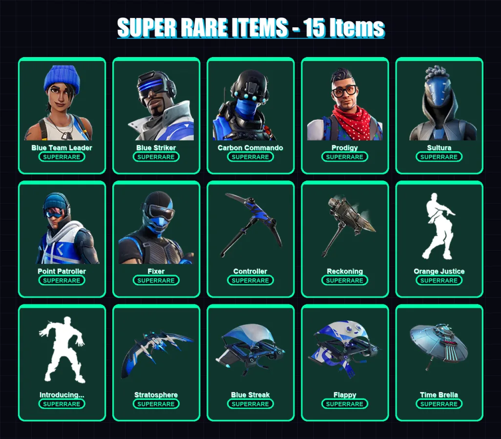 [PS4/PS5/XBOX/PC] | Blue Team Leader | Blue Striker | Carbon Commando | Prodigy | Sultura | 121 skin | 164 pickaxe | 129 emote | 161 glider | Lv2367