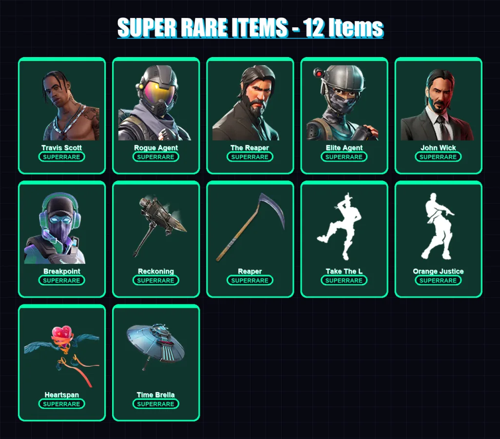 [PC/PSN] | Travis Scott | Rogue Agent | The Reaper | Elite Agent | John Wick | 133 skin | 104 pickaxe | 111 emote | 107 glider | Lv1384