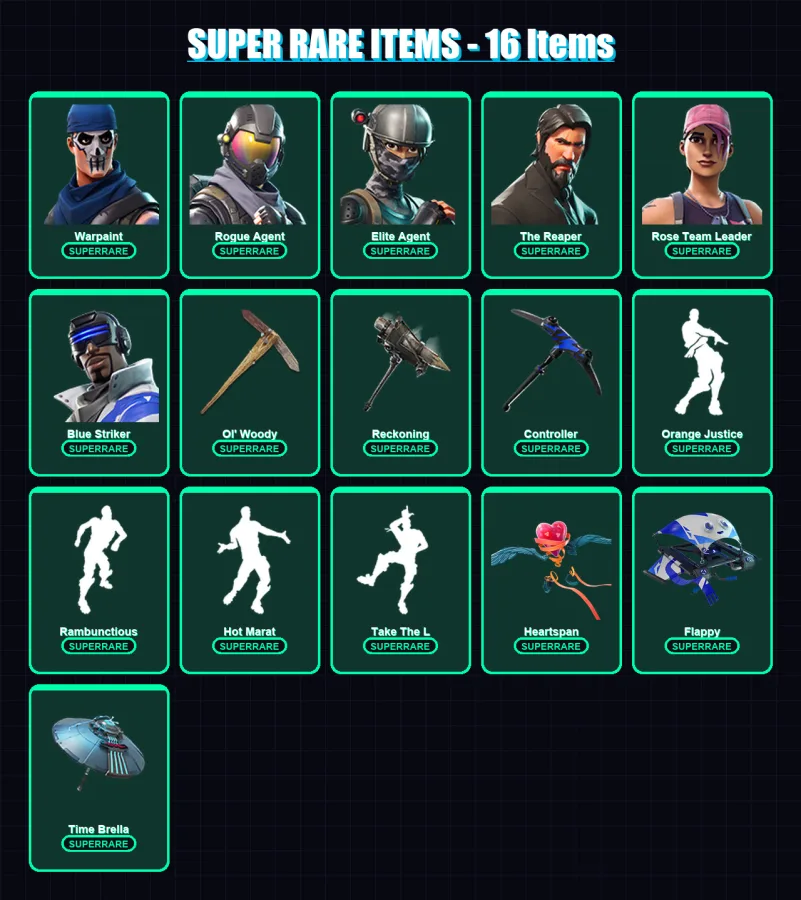 [PC/XBOX/PSN] | Warpaint | Rogue Agent | Elite Agent | The Reaper | Rose Team Leader | 97 skin | 105 pickaxe | 120 emote | 100 glider | Lv1397