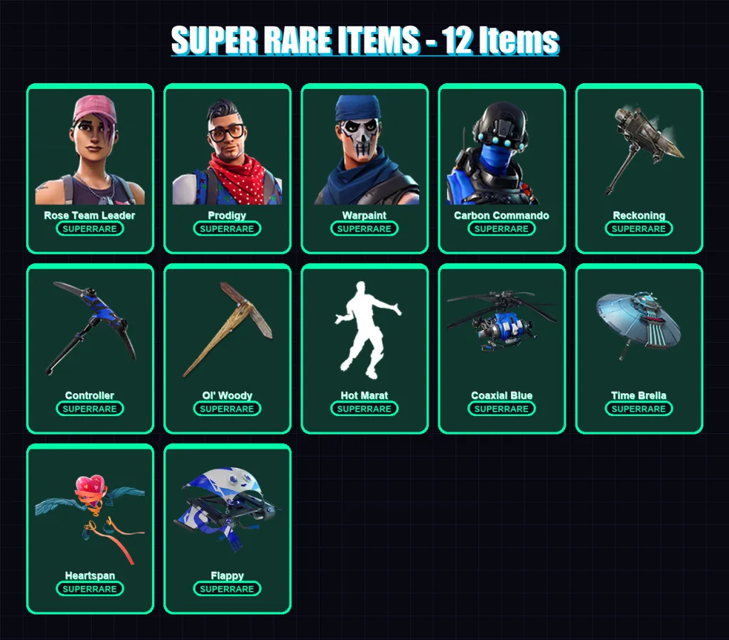 [PS4/PS5/XBOX/PC] | Rose Team Leader | Prodigy | Warpaint | Carbon Commando | The Prisoner | 98 skin | 93 pickaxe | 92 emote | 91 glider | Lv1214