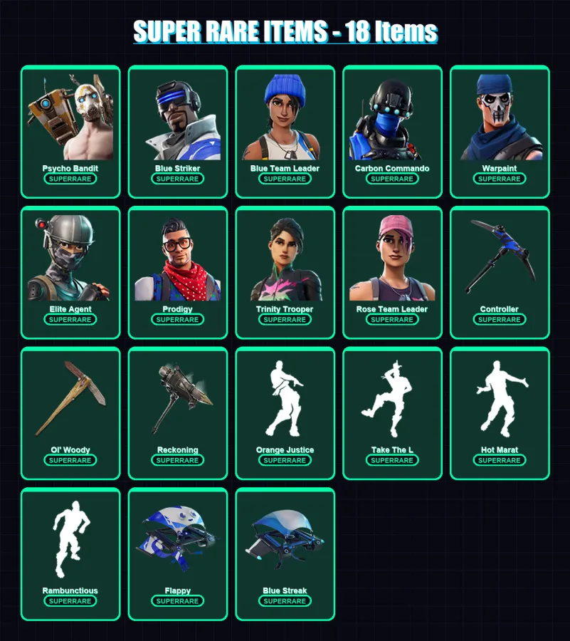 [PC/XBOX] | Psycho Bandit | Blue Striker | Blue Team Leader | Carbon Commando | Warpaint | 116 skin | 122 pickaxe | 102 emote | 106 glider | Lv1400