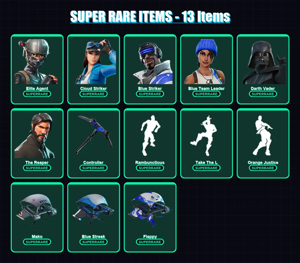 [PC/XBOX] | Elite Agent | Cloud Striker | Blue Striker | Blue Team Leader | Darth Vader | 61 skin | 70 pickaxe | 86 emote | 78 glider | Lv1012