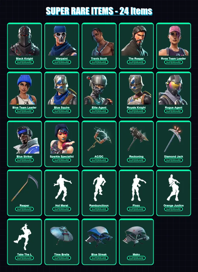[PS4/PS5/XBOX/PC] | Black Knight | Warpaint | Travis Scott | The Reaper | Rose Team Leader | 157 skin | 117 pickaxe | 135 emote | 97 glider | Lv1163